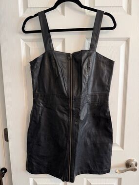 wild fable Black Faux Leather Mini Dress with Front Zip and Thick Straps